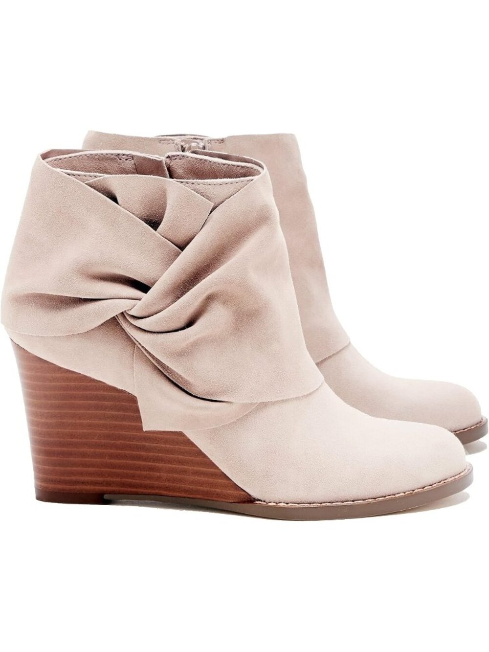 Women's Nude Faux Suede Bow Knot Stacked Wedge Dress Western Ankle Heels Boots